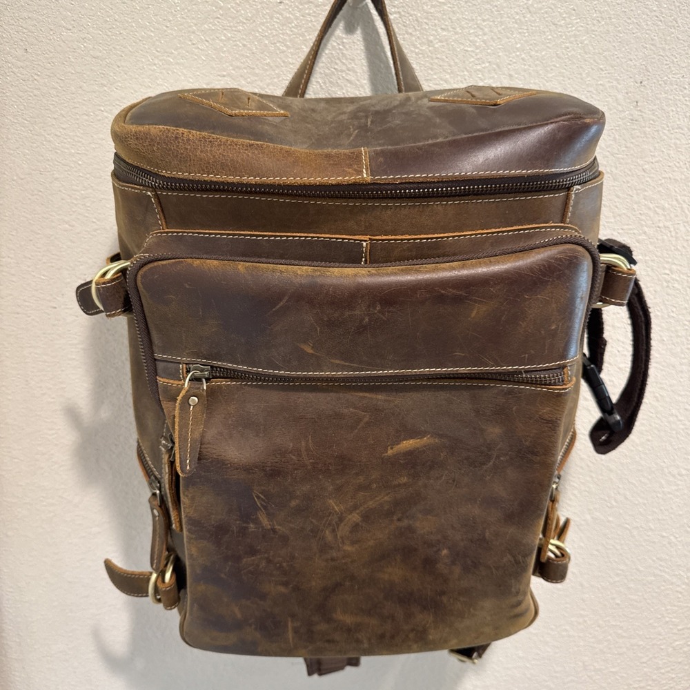 Leather Bag Laptop Backpack Genuine Rucksack Vintage Travel Men's Brown 13x14"‎